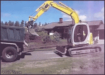 Yellow Excavator Digging Hole In Dumpster GIF