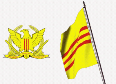 Yellow Flag With Red Stripes Next To Bird Emblem GIF