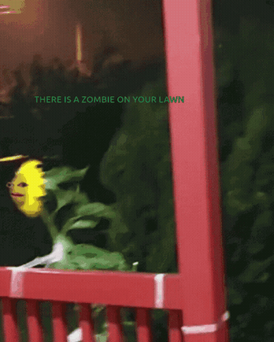 Yellow Flower With Face Behind Red Railing There Is A Zombie On Your Lawn GIF