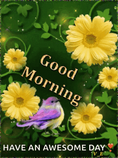 Yellow Flowers And Bird Saying Good Morning Have An Awesome Day GIF