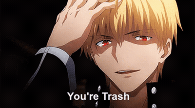 Yellow Haired Anime Character Red Eyes Hand To Forehead Saying You're Trash GIF