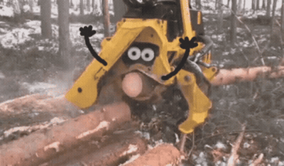 Yellow Machine With Cartoon Face Cutting Trees GIF