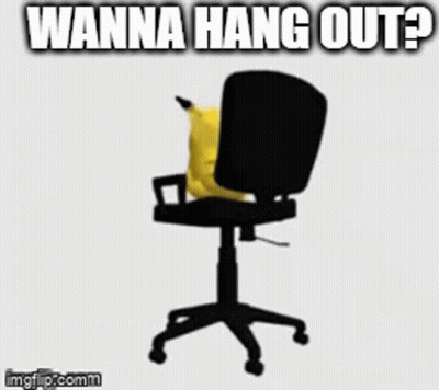 Yellow Pikachu Sitting On Black Office Chair Saying Wanna Hang Out GIF