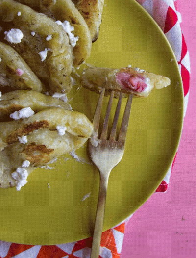 Yellow Plate With Food And Fork On Pink Tablecloth GIF