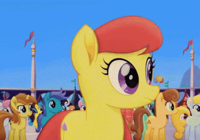Yellow Pony In Red Hat In Front Of Crowd GIF