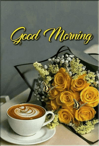 Yellow Roses Next To Coffee Saying Good Morning GIF