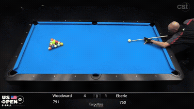 Yellow Shirt Man On Pool Table With Cue GIF