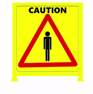 Yellow Sign With Red Triangle Saying Caution GIF