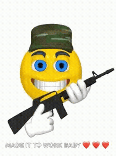 Yellow Smiley In Military Hat Holding Gun GIF