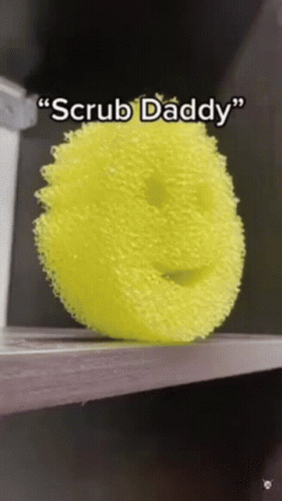 Yellow Smiley Sponge Saying Scrub Daddy GIF