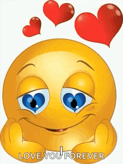 Yellow Smiley With Blue Eyes And Red Hearts Says Love You Forever GIF
