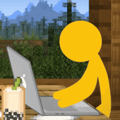 Yellow Stick Figure Sitting At Table With Laptop GIF