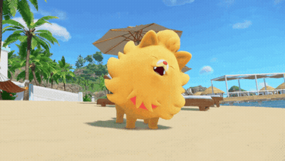 Yellow Stuffed Animal On Beach With Palm Tree GIF