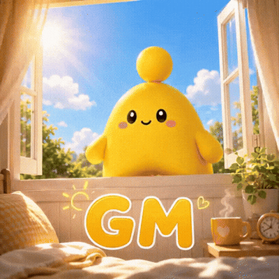 Yellow Stuffed Animal On Window Sill Saying Gm GIF