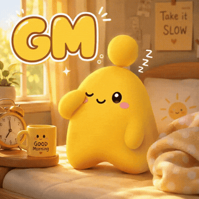Yellow Stuffed Animal Sitting On Bed Next To Good Morning Mug GIF