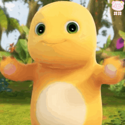 Yellow Stuffed Animal With Green Eyes And Arms Outstretched GIF