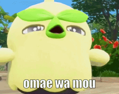 Yellow Stuffed Animal With Green Leaves Saying Omae Wa Mou GIF