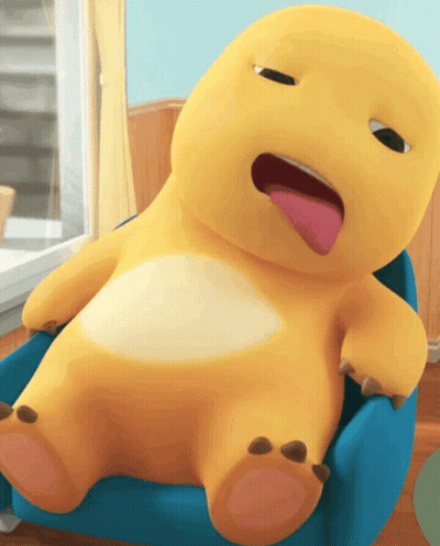 Yellow Stuffed Animal With Tongue Out On Blue Chair GIF