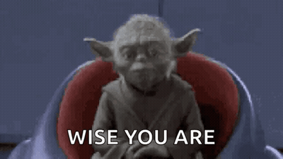 Yoda Is Sitting In A Chair With The Words `` Wise You Are '' Written On The Screen . GIF