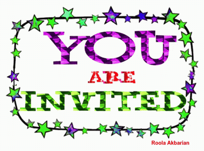 You Are Invited Sign With Green And Purple Stars GIF