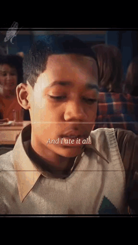 Young Boy At Table With Eyes Closed And I Ate It All GIF