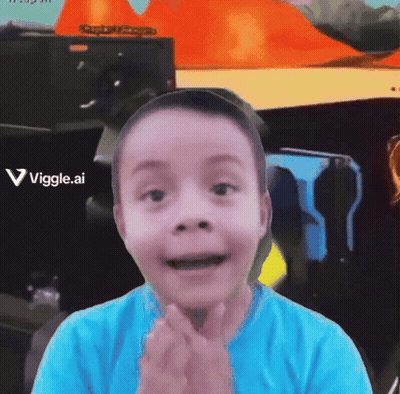 Young Boy In Blue Shirt Smiling In Front Of Viggle AI Sign GIF