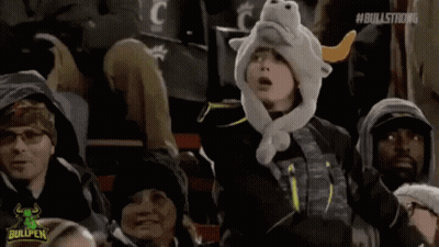 Young Boy In Bull Hat Sitting In Crowd Watching Game GIF