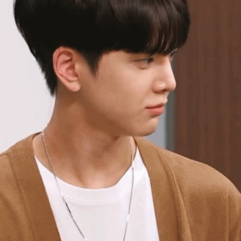 Young Man In Brown Cardigan And Silver Chain GIF