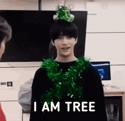 Young Man In Christmas Tree Hat And Tinsel In Front Of TV And Computer GIF