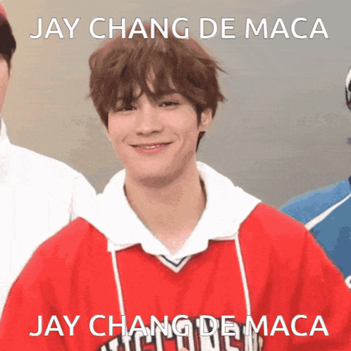 Young Man In Red Shirt With Jay Chang De Maca GIF