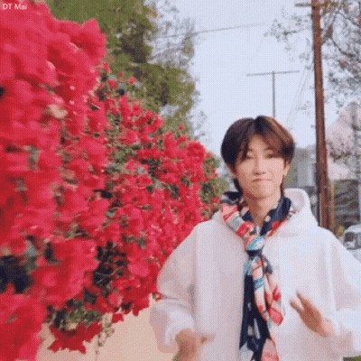 Young Man In Scarf And White Hoodie In Front Of Red Flowers GIF
