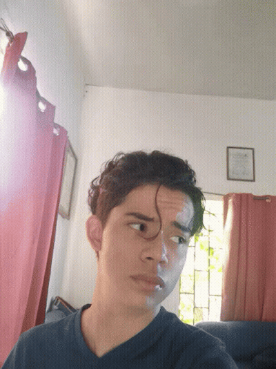 Young Man Taking Selfie In Living Room With Red Curtains GIF