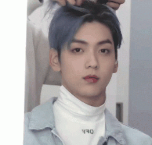Young Man With Blue Hair Wearing White Turtleneck GIF