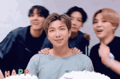 Young Men Posing With Cake Saying Happ GIF