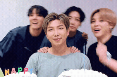 Young Men Posing With Happy Cake GIF