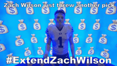 Zach Wilson Just Threw Another Pick #Extendzachwilson On A Blue Background GIF