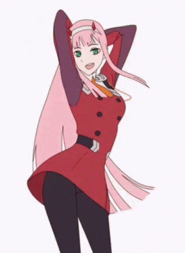 Zero Two From Darling In The Franxx Is Dancing In A Red Dress And Black Tights . GIF
