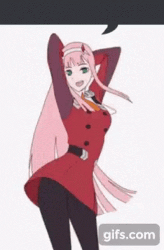 Zero Two From Darling In The Franxx Is Dancing In A Red Dress With Her Arms In The Air . GIF