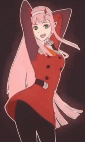 Zero Two From Darling In The Franxx Is Dancing In A Red Dress With Her Hands In The Air . GIF