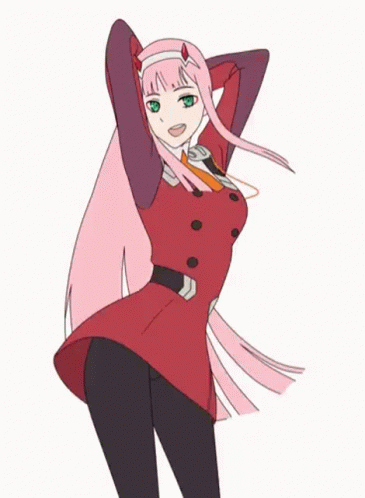 Zero Two From Darling In The Franxx Is Wearing A Red Dress And Black Pants GIF