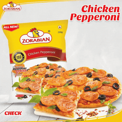 Zorabian Chicken Pepperoni Pizza Bag Next To Pizza GIF