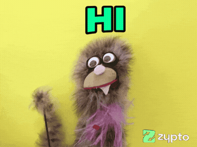 Zypto Logo On Yellow Background Next To Puppet GIF